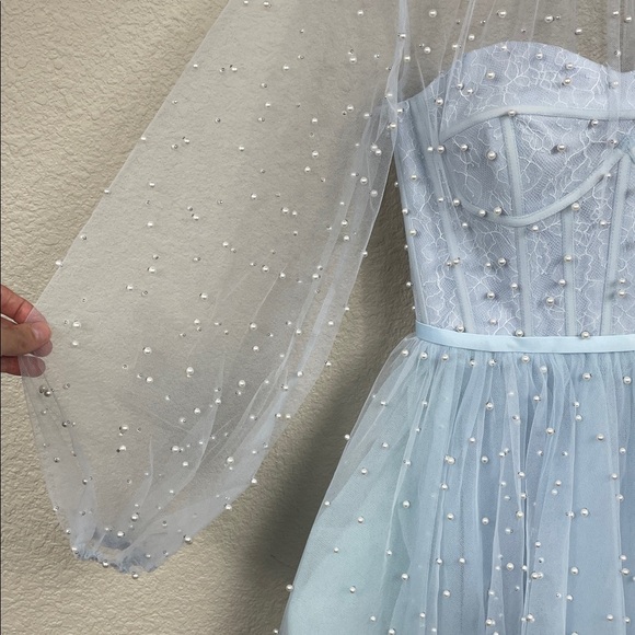 New Mac Duggal Sample Fit Flare Mini Corset Dress Light Blue Pearl Accent Sz 2 - Picture 3 of 14